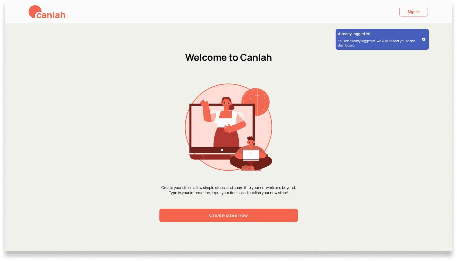 Welcome screen that starts store creation