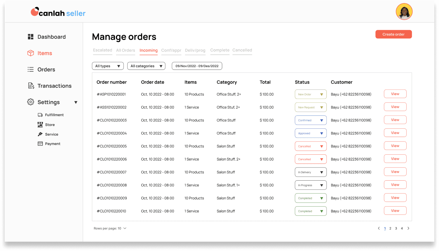 Seller admin: order list