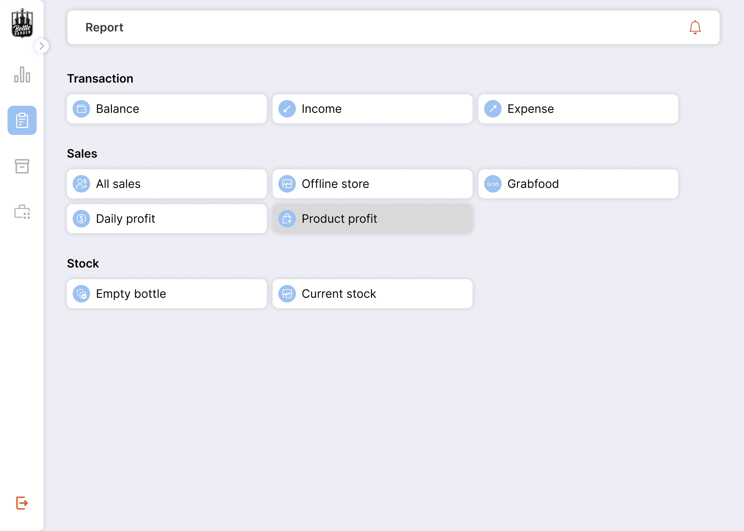 Reports hub for transactions, sales, and stock