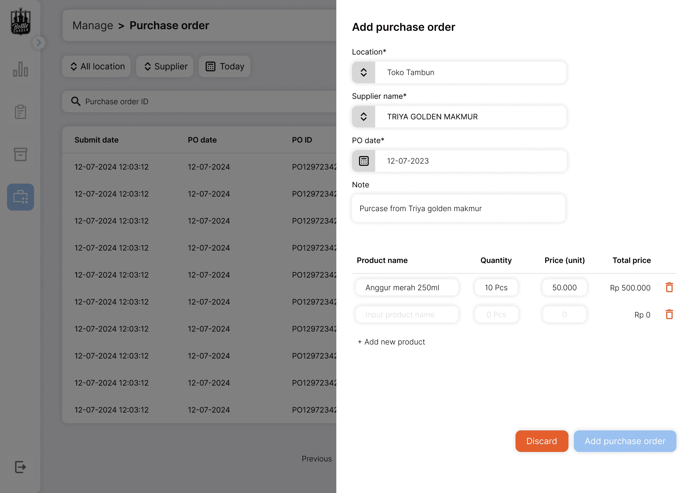Purchase order form